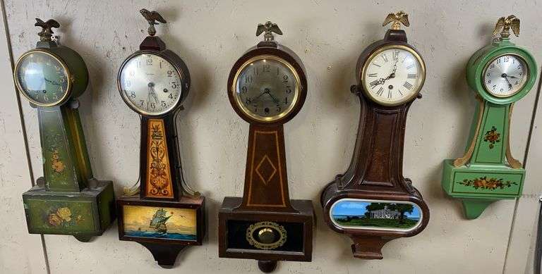 Collection of Five Banjo Clocks with Eagle Finials image