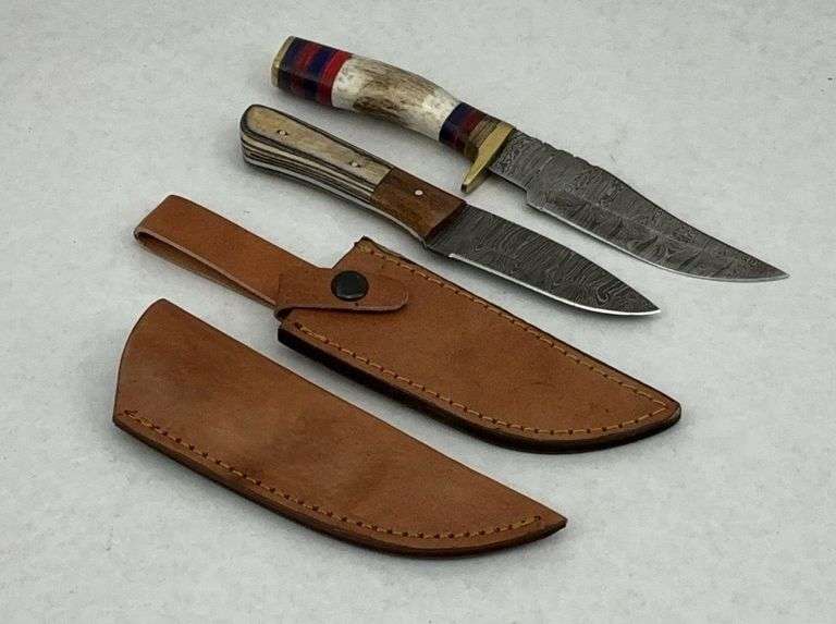 Set of Two Damascus Steel Stag Handle Hunting Knives with Sheaths image