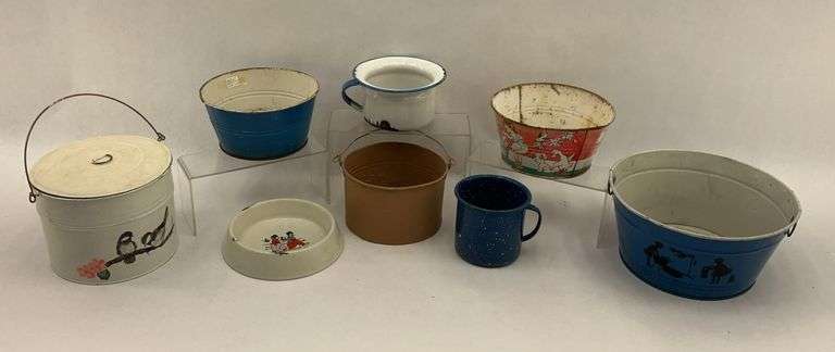 Collection of Enamelware Buckets, Mugs, and Dish image