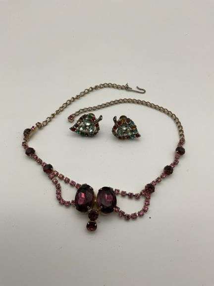 Screw Back Earrings with Purple Stone Necklace Set image