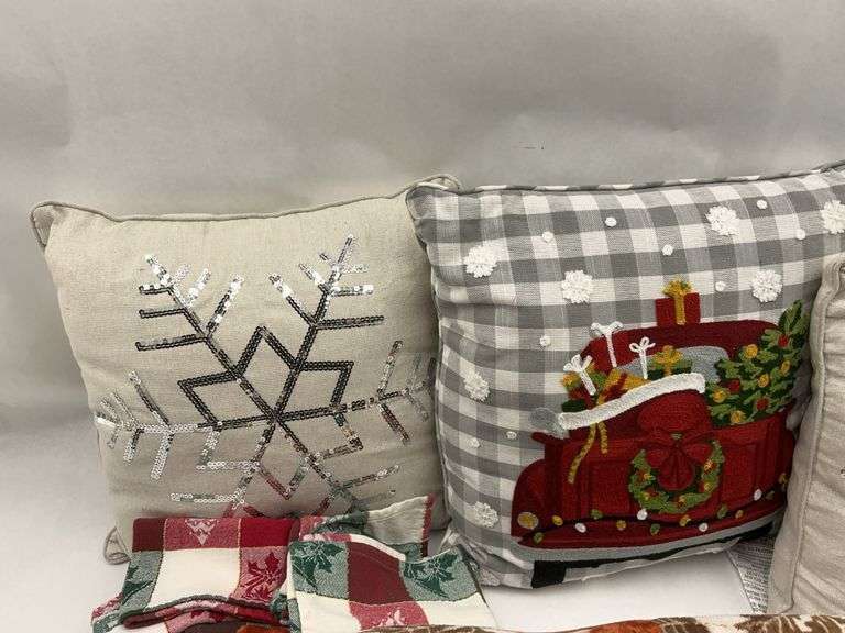 Assorted Decorative Pillows, Blankets, and Kitchen Cloths image