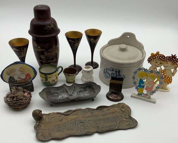 Assorted Home Decor Items: Cocktail Set, Salt Crock, Figurines and More image