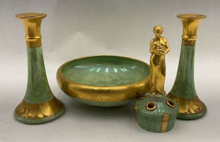 Art Nouveau Vanity Set, Green & Gold Glass image