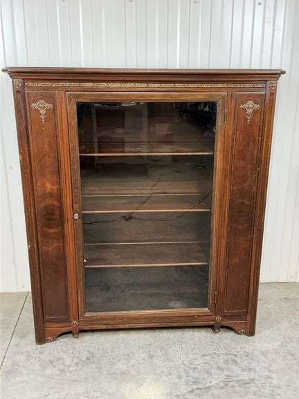 Antique Oak Display Cabinet with Ornate Brass Detailing image
