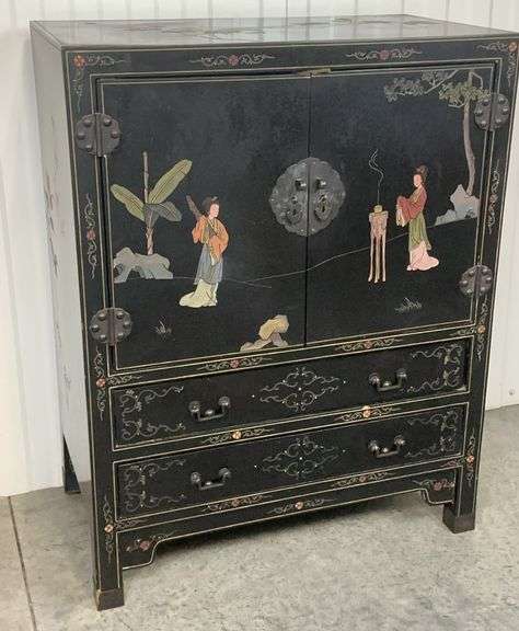 Vintage Asian Black Lacquer Cabinet with Hand-Painted Decoration image