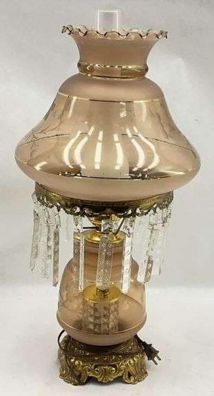 Elegant Pink Glass Table Lamp with Crystal Prisms image
