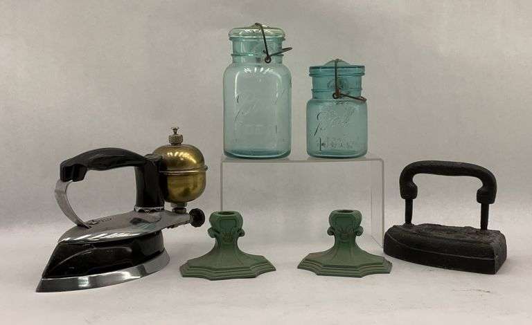 Assorted Household Items: Jars, Irons, Candle Holders image