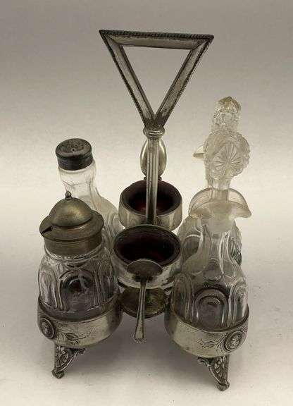 Meriden B. Company Silverplate and Glass Cruet Condiment Set, Patented Jan 1, 1867 image