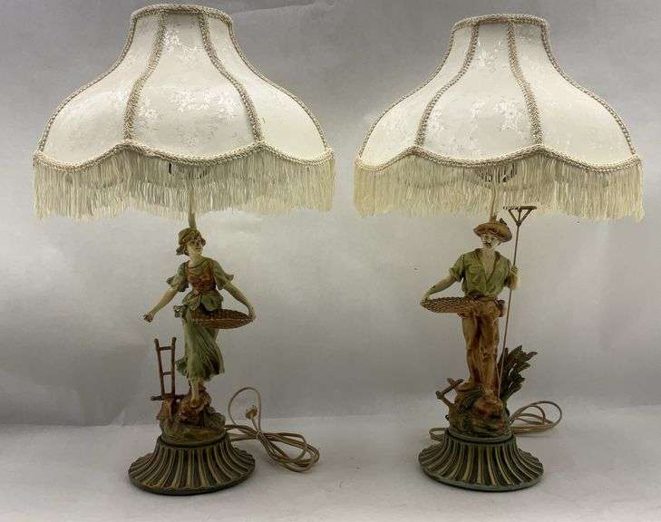 Pair of Vintage Figural Harvest Lamp Fringe Shade ca 19402-1950s image