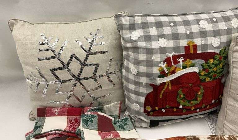 Assorted Decorative Pillows, Blankets, and Kitchen Cloths image
