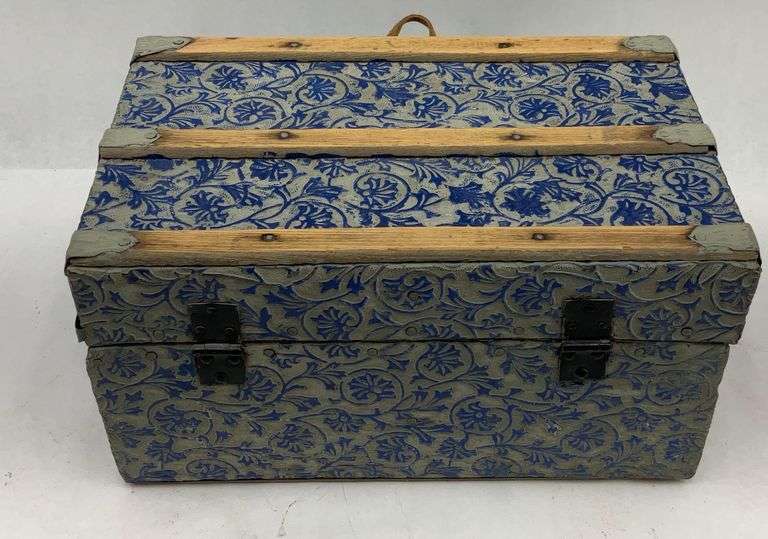 Antique Blue Floral Paper Covered Storage Trunk image