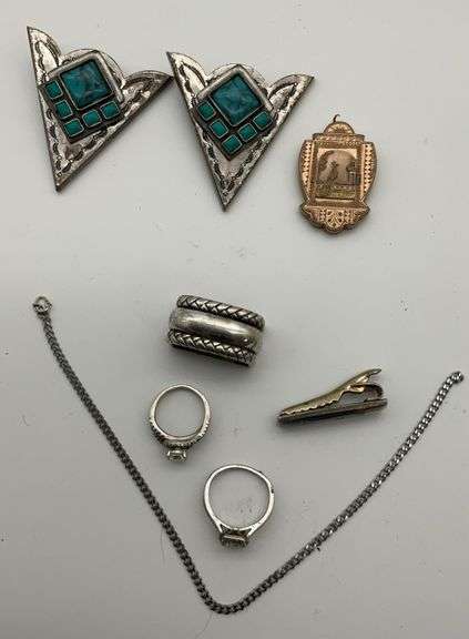 Mixed Lot of Jewelry - Rings, Collar Tips, Tie Clip, Scarf Slide, Locket & Bracelet image