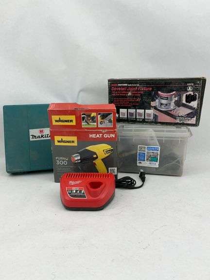 Makita Case, Wagner Furno 300 Heat Gun, Craftsman Dovetail Joint Fixture, Milwaukee Charger, and Toolbox Assortment image