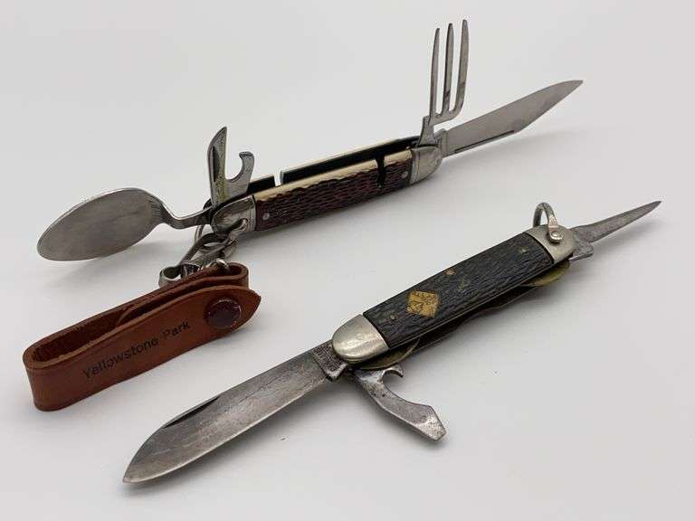 Two Folding Knives: Camillus NY & Colonial Prov. USA with Yellowstone Park Keychain image