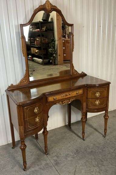 Vintage 1920s -1930s Inlaid Vanity w/Ornate Mirror image