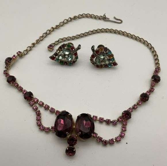 Screw Back Earrings with Purple Stone Necklace Set image