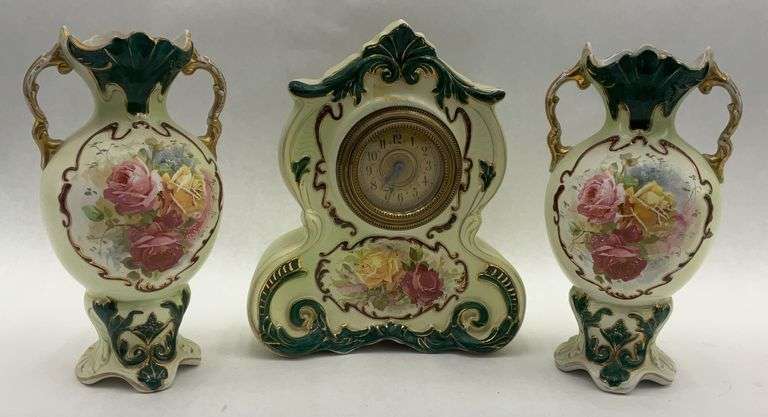 Decorative Mantel Clock with Matching Floral Vases - 3 Piece Set image