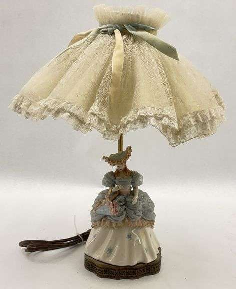 Vintage Porcelain Lady Figurine Lamp with Lace Shade image