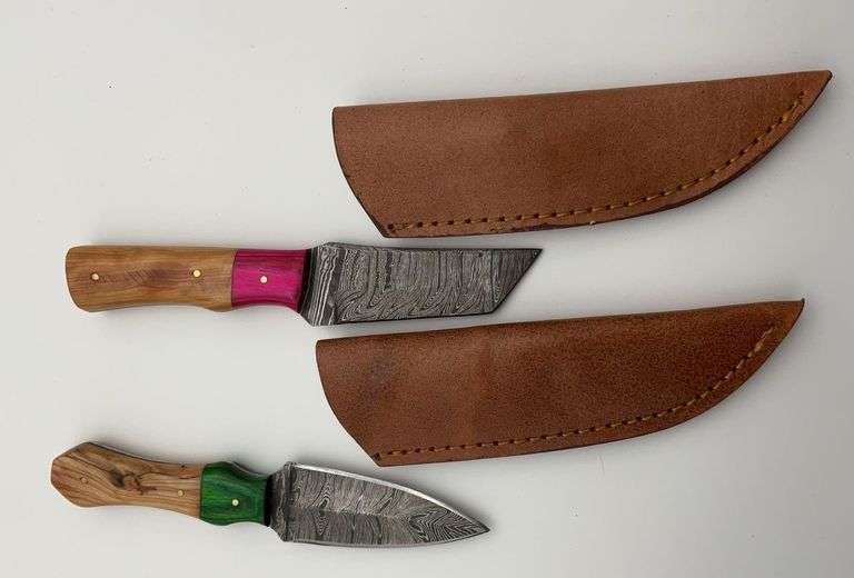 Pair of Handcrafted Fixed Blade Knives with Leather Sheaths image