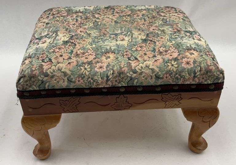 Carved Oak Footstool with Tapestry Upholstery image