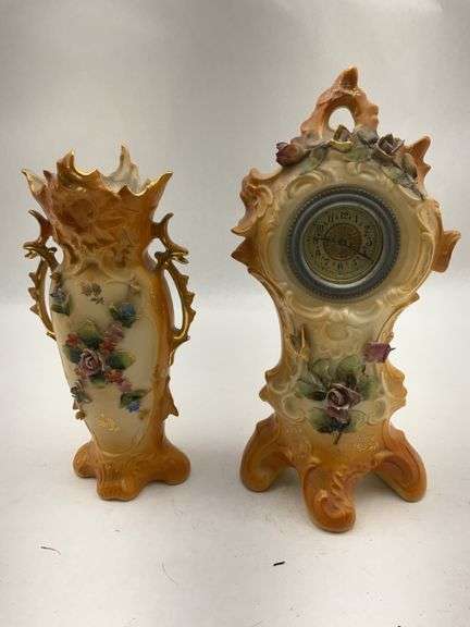 Floral Decorated Clock and Vase Set image