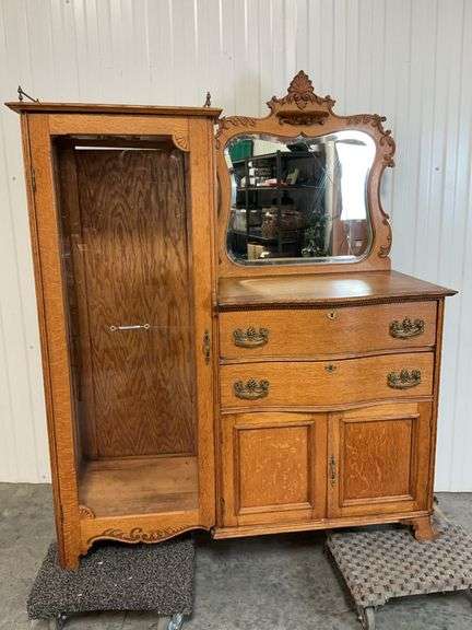 Antique Quarter Sawn Oak Side by Side Secretary/Wardrobe w/Ornate Hand Carved Mirror image