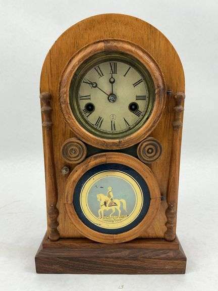 Antique Oak Shelf Clock with Equestrian Tablet image
