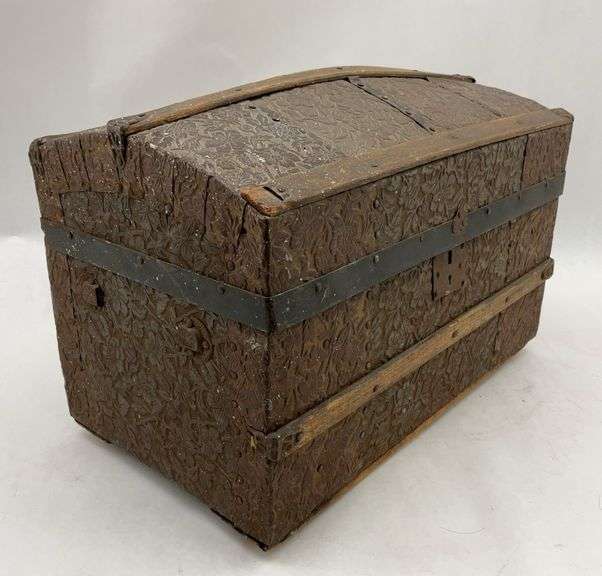 Antique Dome-Top Trunk w/ Decorative Tin Panel image