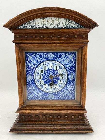 Antique Oak Mantel Clock with Blue Delft Dial image