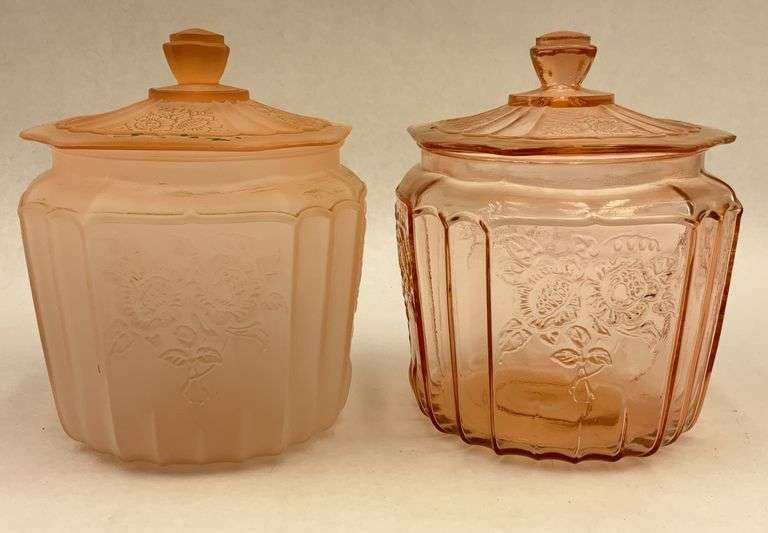 Pair of Pink Depression Glass Jars with Lids image