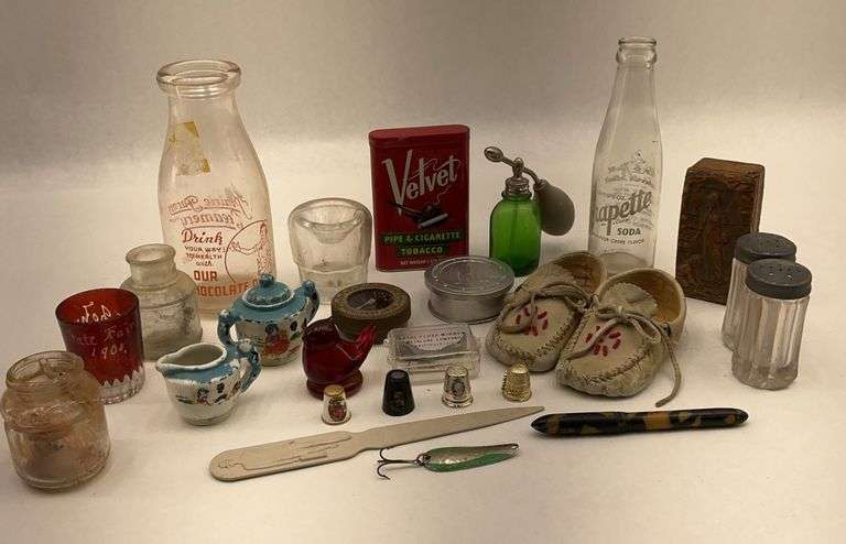 Assorted Collection: Milk Bottles, Velvet Tobacco Tin, Baby Moccasins, and More image