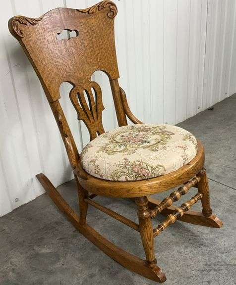 Antique Victorian Pressed Back Oak Rocking Chair with Floral Needlepoint Seat image