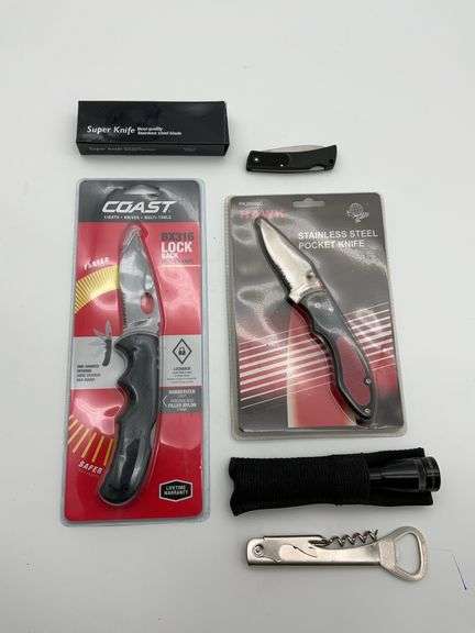 Pocket Knives, Corkscrew, and Flashlight Bundle image