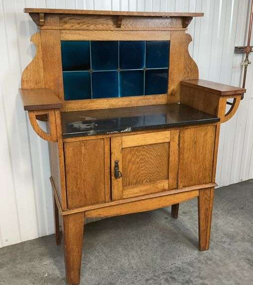 Antique Quarter-Sawn Oak Washstand with Granite Top and Blue Tile Inlay image