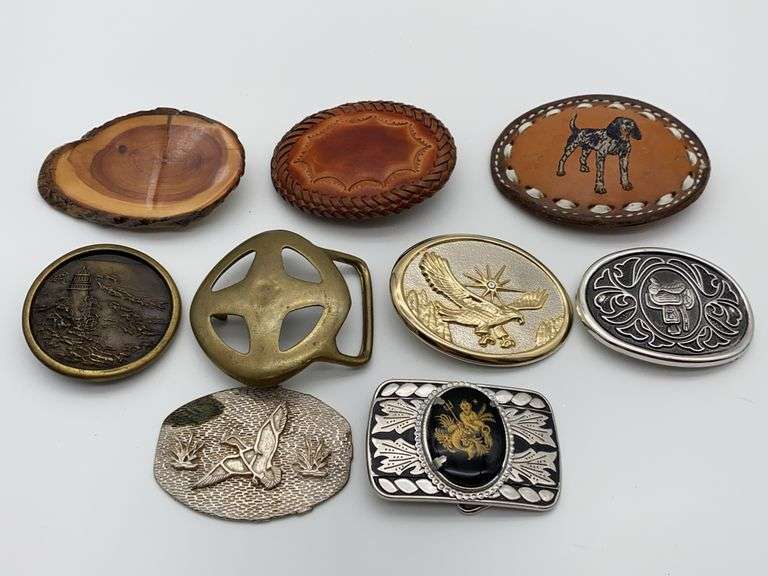 Lot of 9 Belt Buckles: Wood, Leather, Metal - Eagle, Dog, Lighthouse image