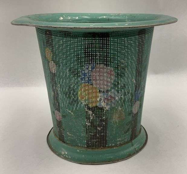 Green Painted Wire Mesh Trash Bin with Floral Design image