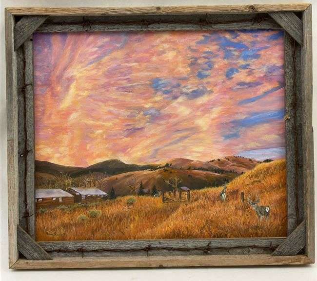 Signed Nan Reeves Landscape Painting with Rustic Frame image
