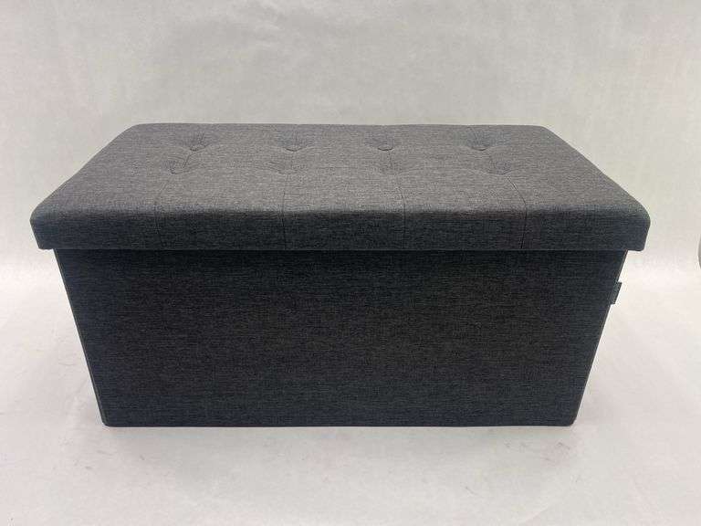 Charcoal Gray Linen Storage Ottoman with Tufted Lid