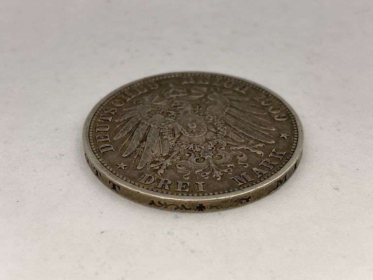 1909 German Empire 3 Mark Silver Coin Baden