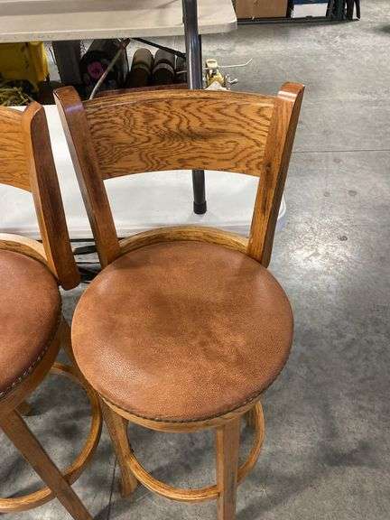 Pair of Oak Bar Stools with Leather Seats - 30 Inch