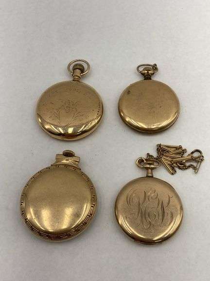 Collection of Four Gold-Filled Pocket Watches with Chain