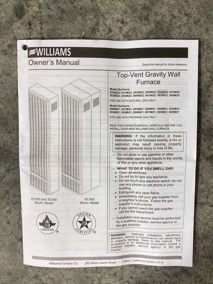 Williams Top-Vent Gravity Wall Furnace