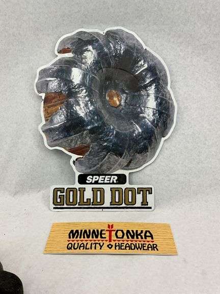 Speer Gold Dot Ammo Sign, Minnetonka Headwear Sign & Bear Figurine