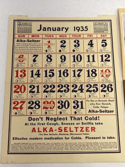 1935 Alka-Seltzer and Gem City Grocery Calendars Reprints