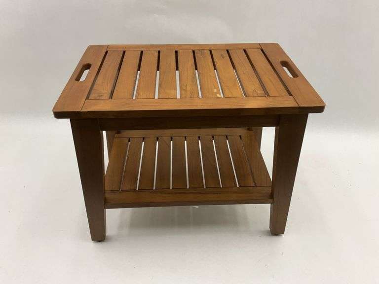 Teak Wood Patio Side Table with Handles and Shelf