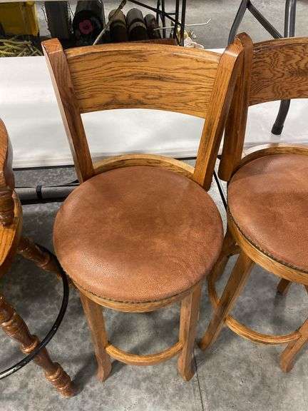 Pair of Oak Bar Stools with Leather Seats - 30 Inch