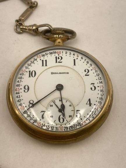 Burlington 14K Gold Strata Case Pocket Watch with Chain & Knife