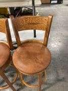 Pair of Oak Bar Stools with Leather Seats - 30 Inch