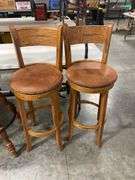 Pair of Oak Bar Stools with Leather Seats - 30 Inch