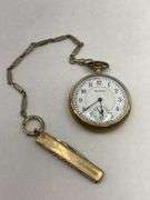 Burlington 14K Gold Strata Case Pocket Watch with Chain & Knife